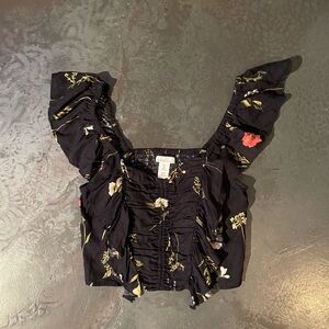 H&M Black Floral Ruffle Blouse